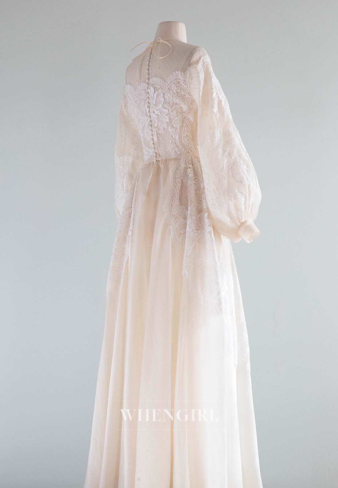 A-Line Illusion Neck Long Puff Sleeves Appliqued Lace Vintage Wedding Dress