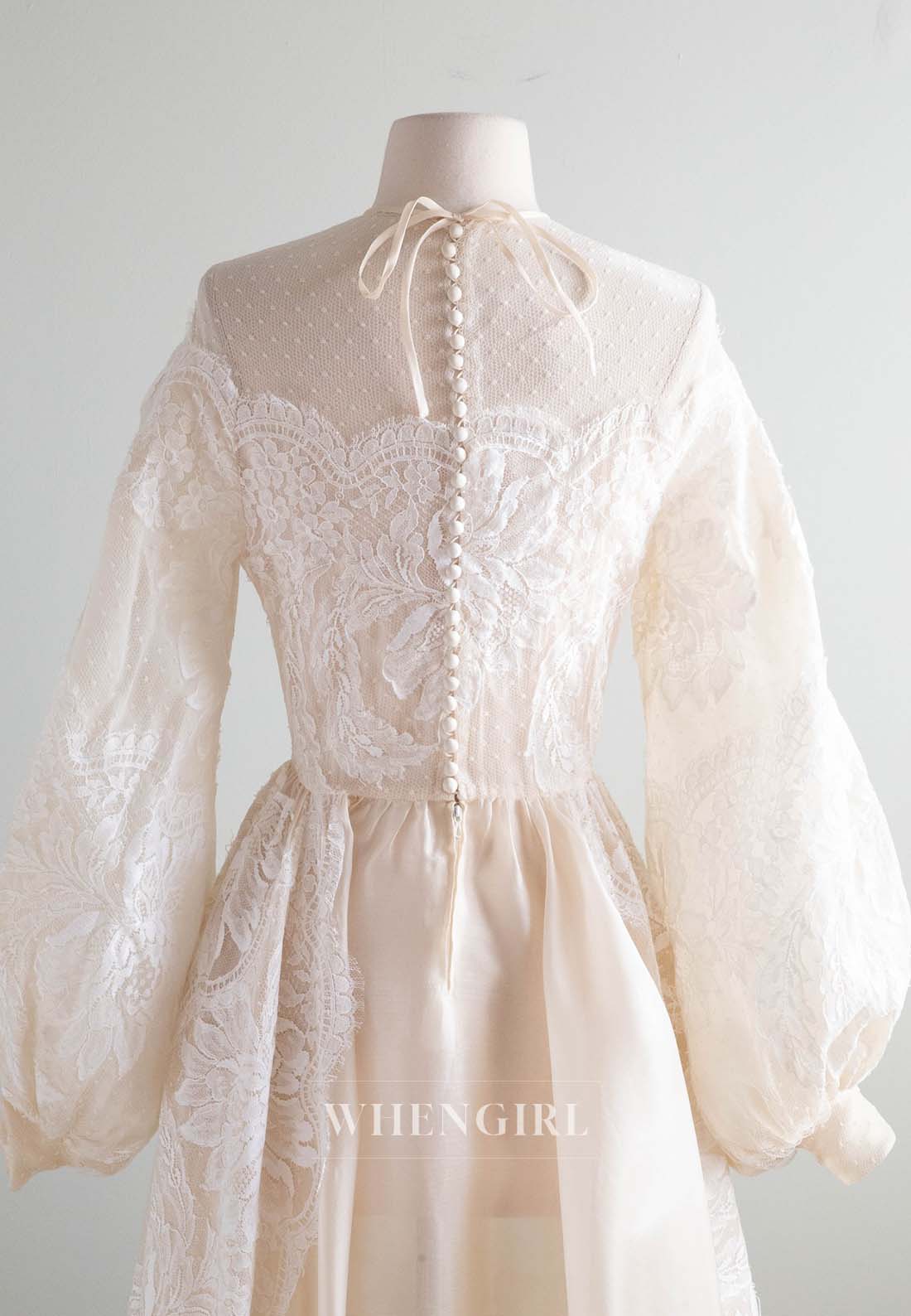 A-Line Illusion Neck Long Puff Sleeves Appliqued Lace Vintage Wedding Dress
