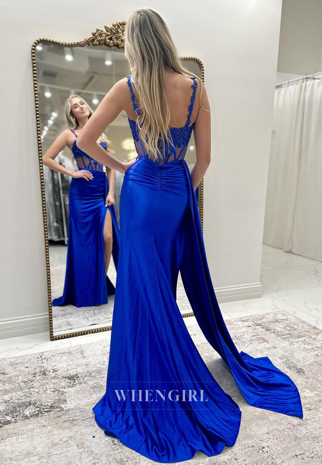 Glamorous Empire Waist Sweetheart Straps Beaded Satin Formal Prom Dress with Appliques