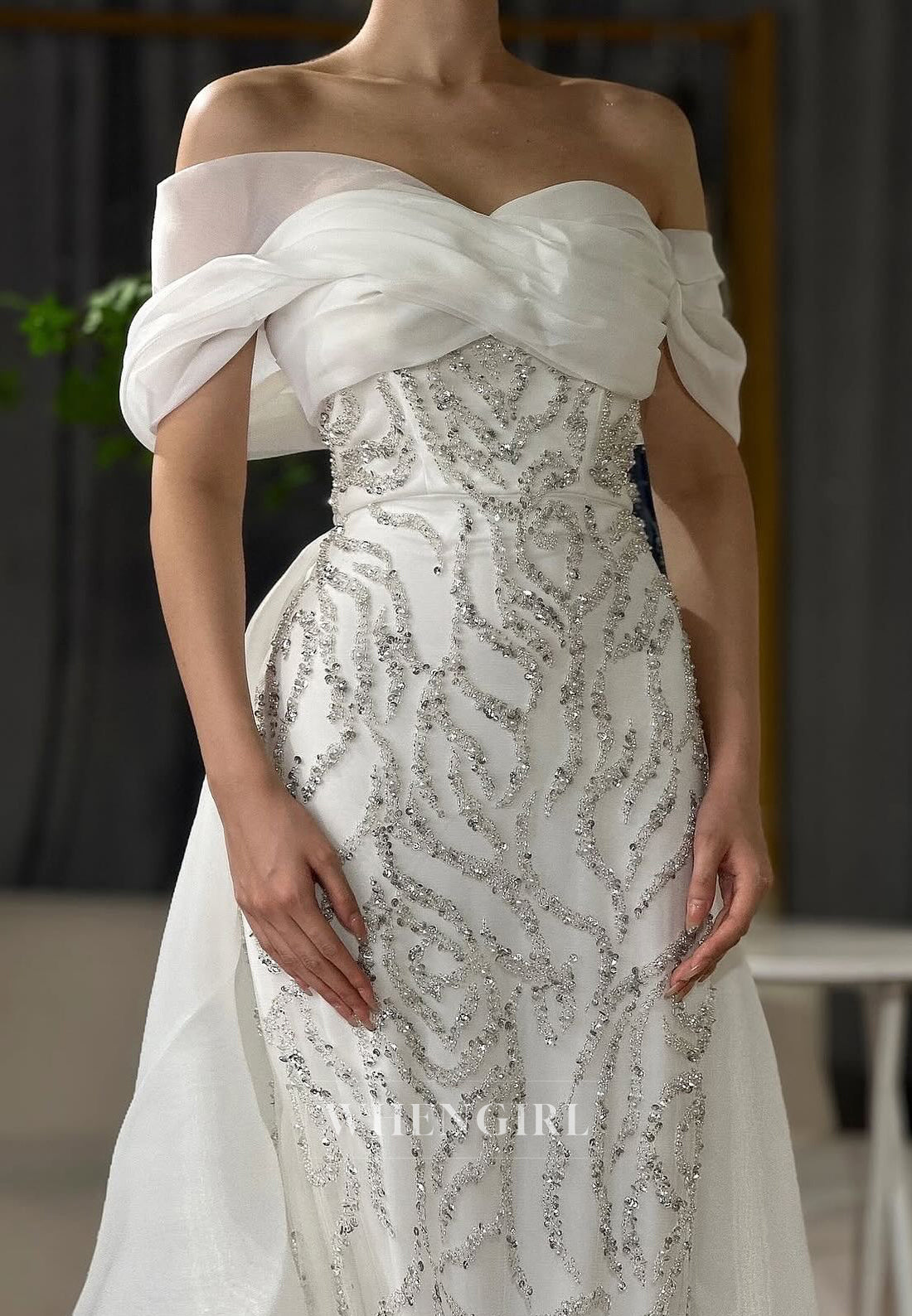 White Off Shoulder Ruched Formal Dress Beading Sheath Short Sleeves Sweep Trian Evening Gown