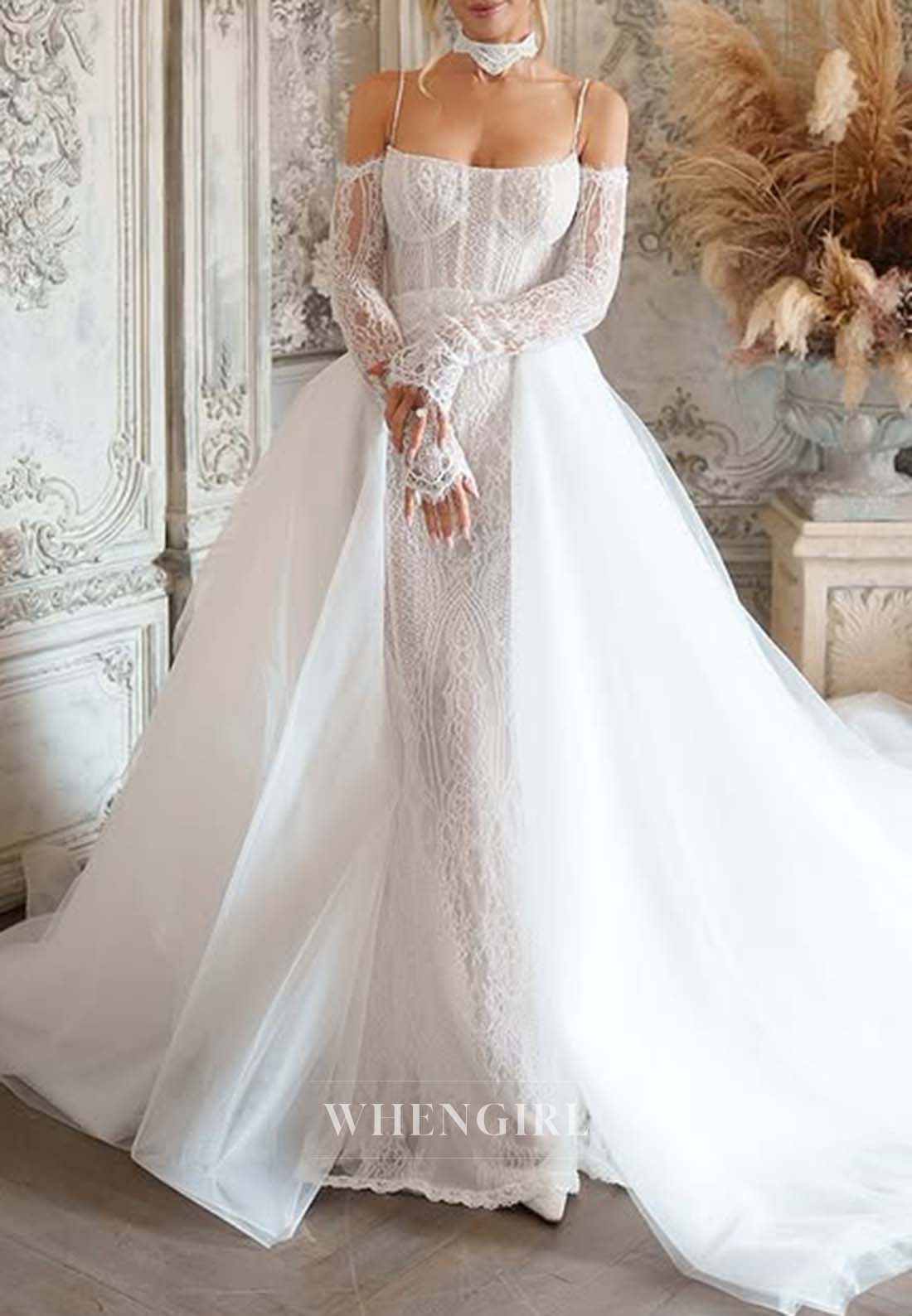 Sheath Long Sleeves Off Shoulder Appliqued Lace Wedding Dress with Tulle Chapel Train