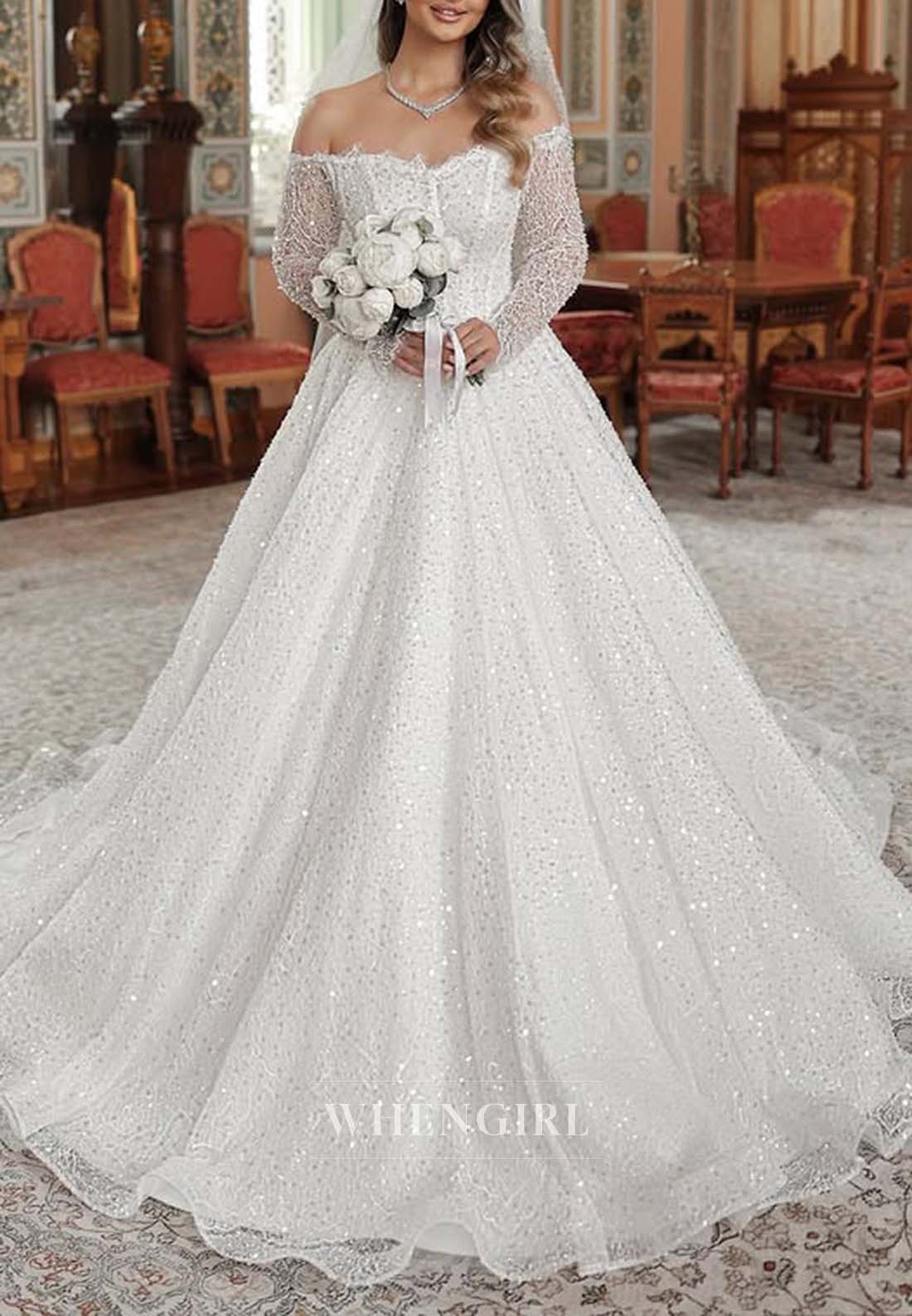 Off Shoulder Long Sleeves Beaded Court Train Appliqued Lace A-Line Wedding Dress