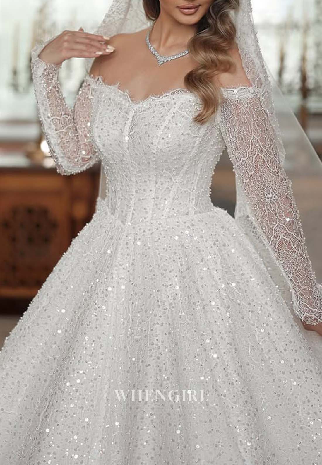 Off Shoulder Long Sleeves Beaded Court Train Appliqued Lace A-Line Wedding Dress