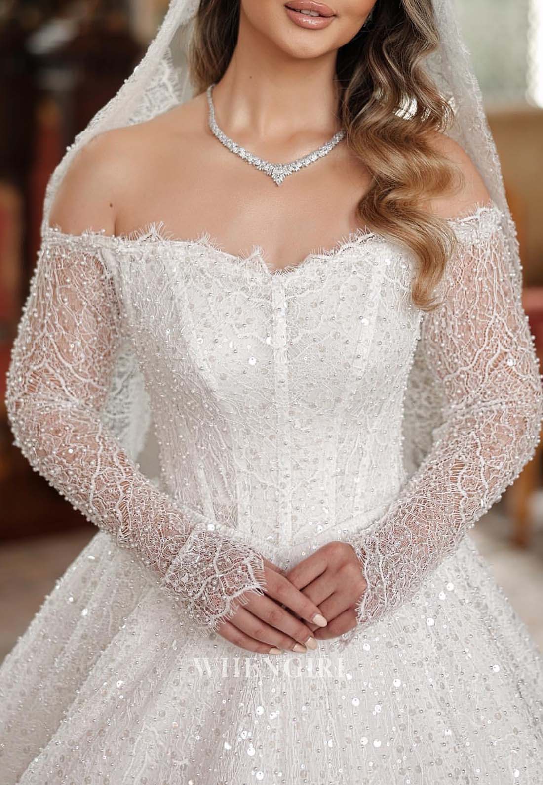 Off Shoulder Long Sleeves Beaded Court Train Appliqued Lace A-Line Wedding Dress