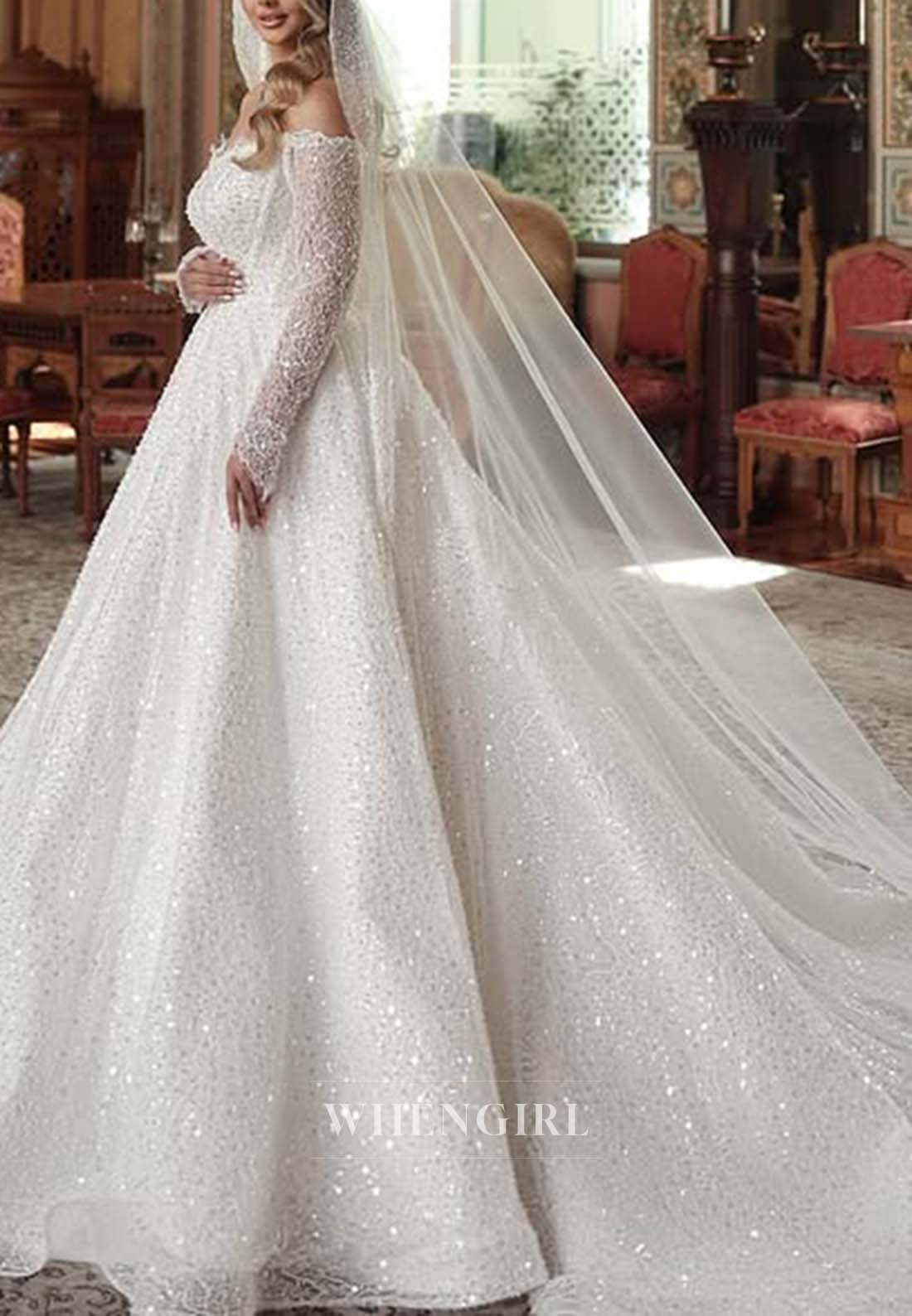 Off Shoulder Long Sleeves Beaded Court Train Appliqued Lace A-Line Wedding Dress