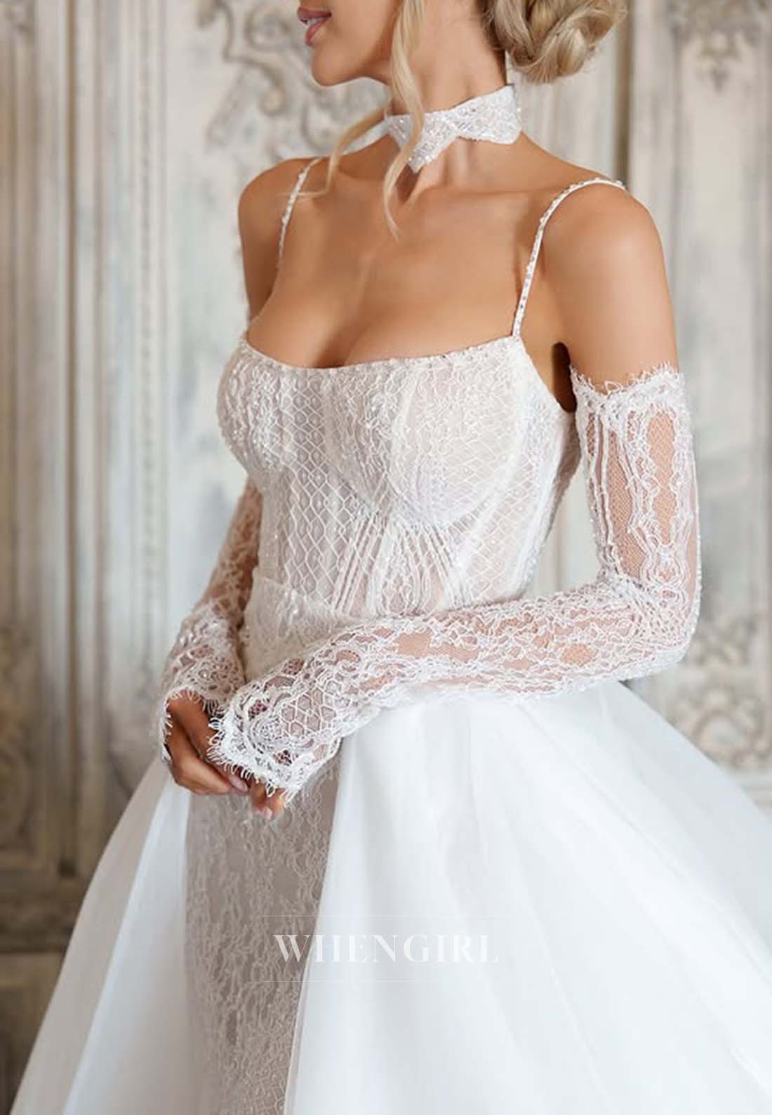 Sheath Long Sleeves Off Shoulder Appliqued Lace Wedding Dress with Tulle Chapel Train