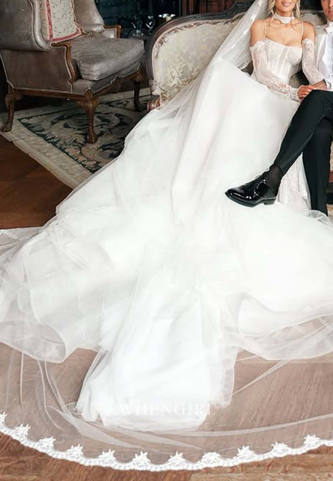 Sheath Long Sleeves Off Shoulder Appliqued Lace Wedding Dress with Tulle Chapel Train