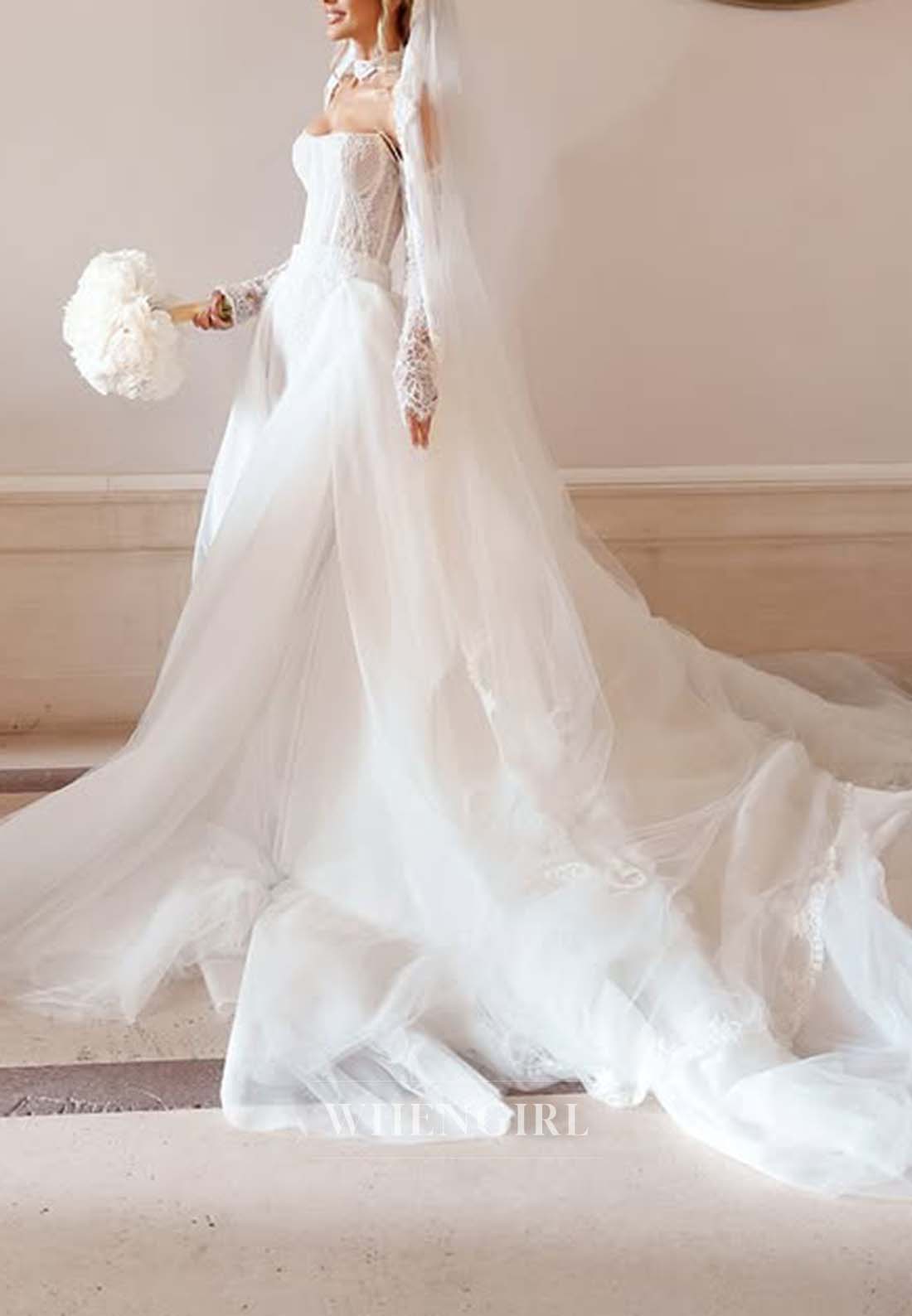 Sheath Long Sleeves Off Shoulder Appliqued Lace Wedding Dress with Tulle Chapel Train