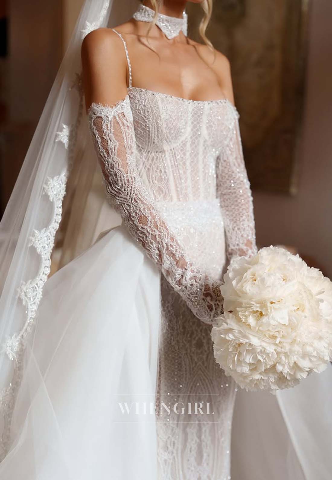 Sheath Long Sleeves Off Shoulder Appliqued Lace Wedding Dress with Tulle Chapel Train
