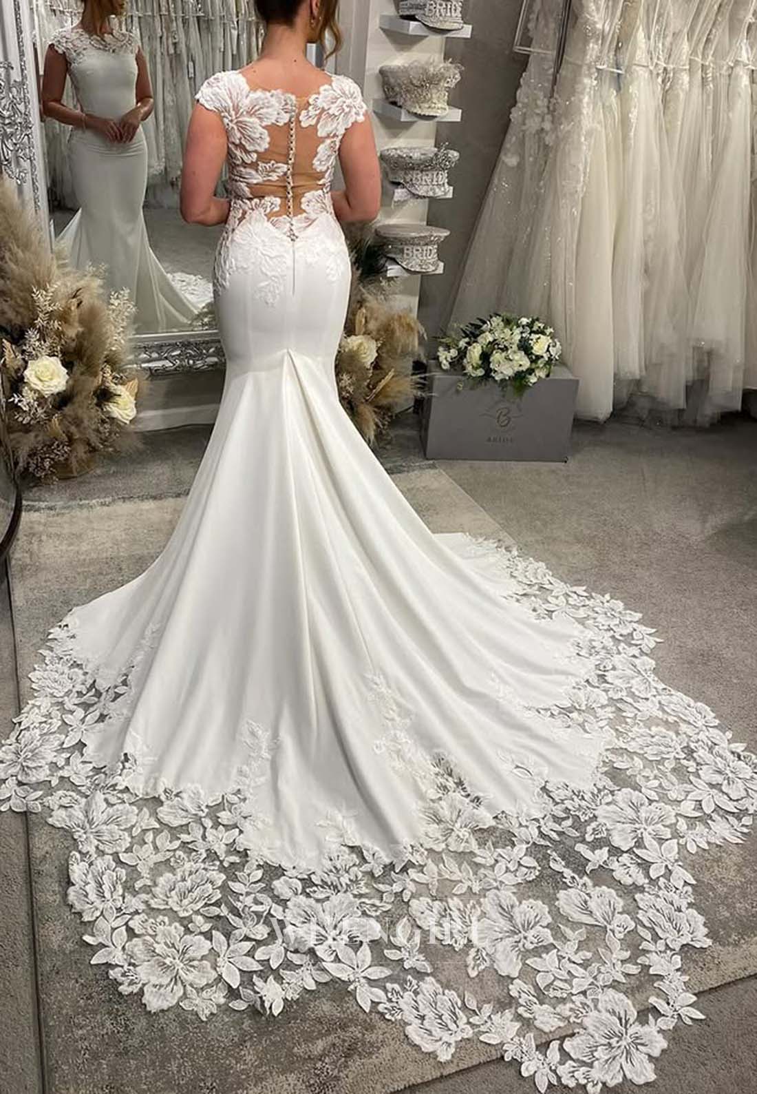 Sleeveless Asymmetrical Neck Appliqued Lace Button Mermaid Wedding Dress