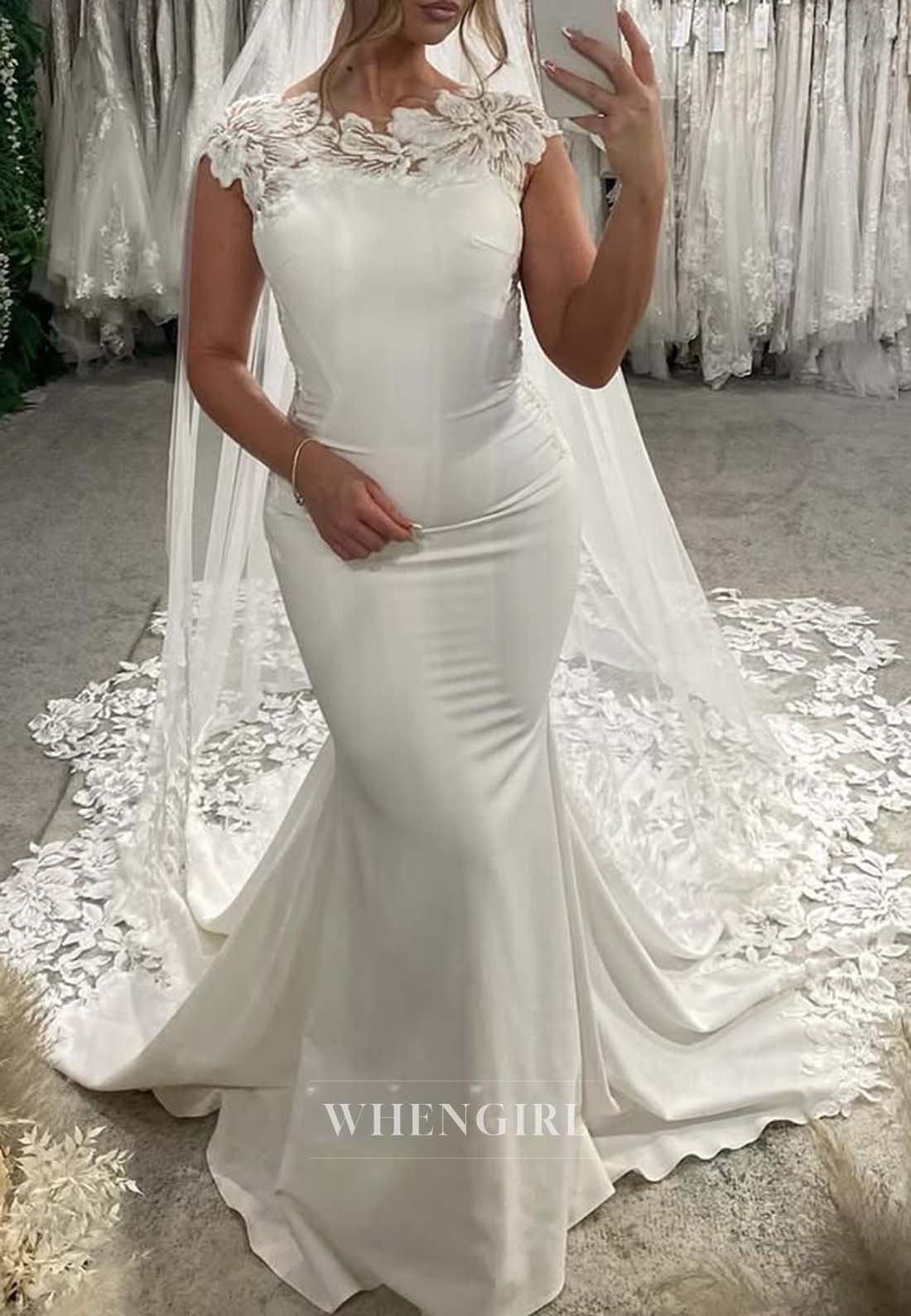 Sleeveless Asymmetrical Neck Appliqued Lace Button Mermaid Wedding Dress