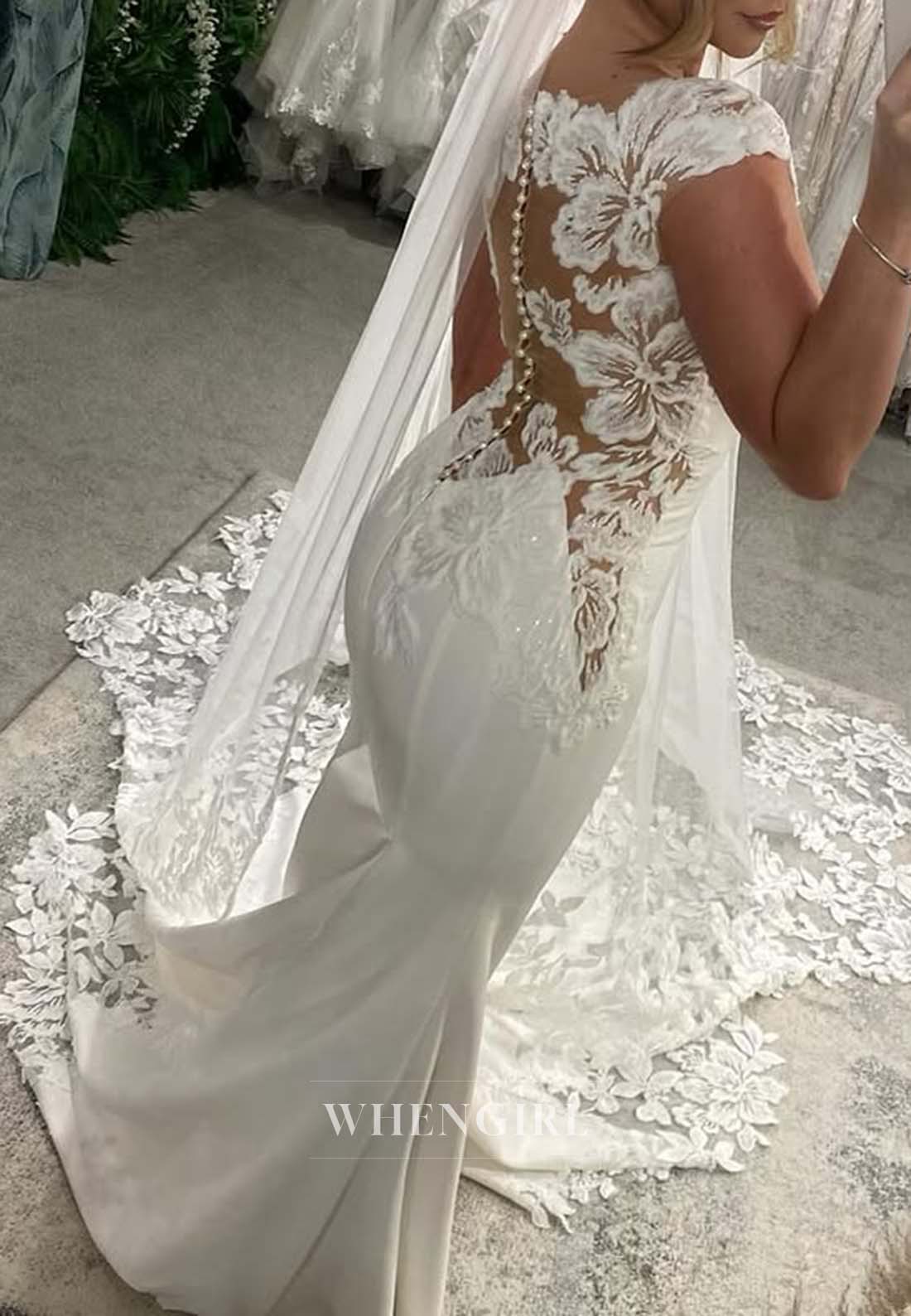 Sleeveless Asymmetrical Neck Appliqued Lace Button Mermaid Wedding Dress