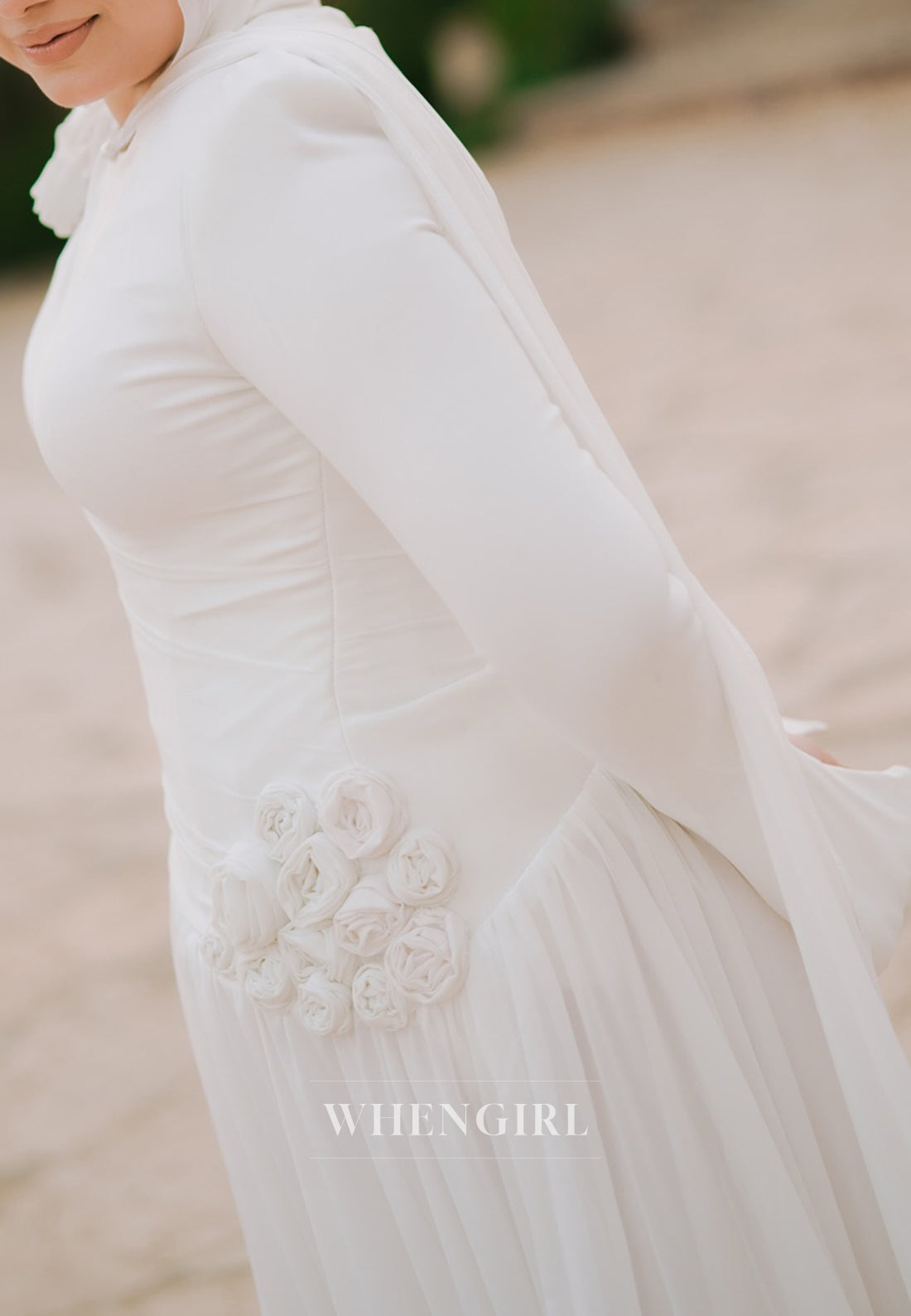 A-Line Bateau Neck Long Sleeves 3D Flowers Beach Wedding Dress