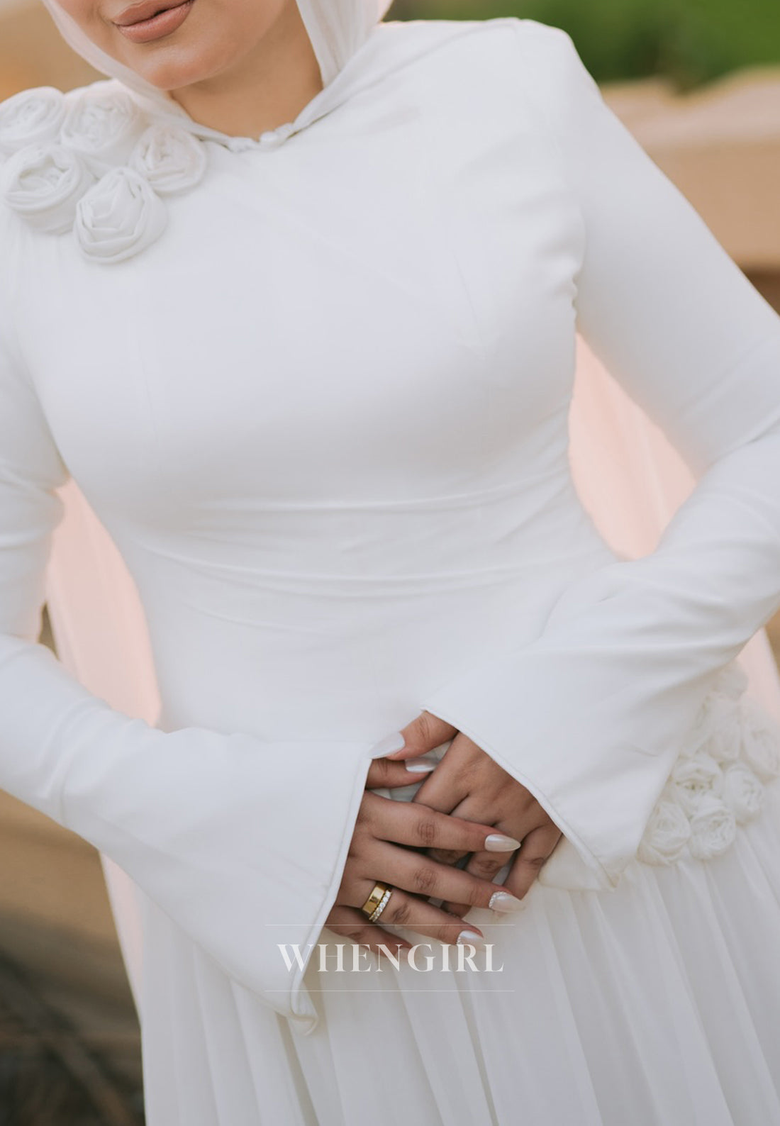 A-Line Bateau Neck Long Sleeves 3D Flowers Beach Wedding Dress