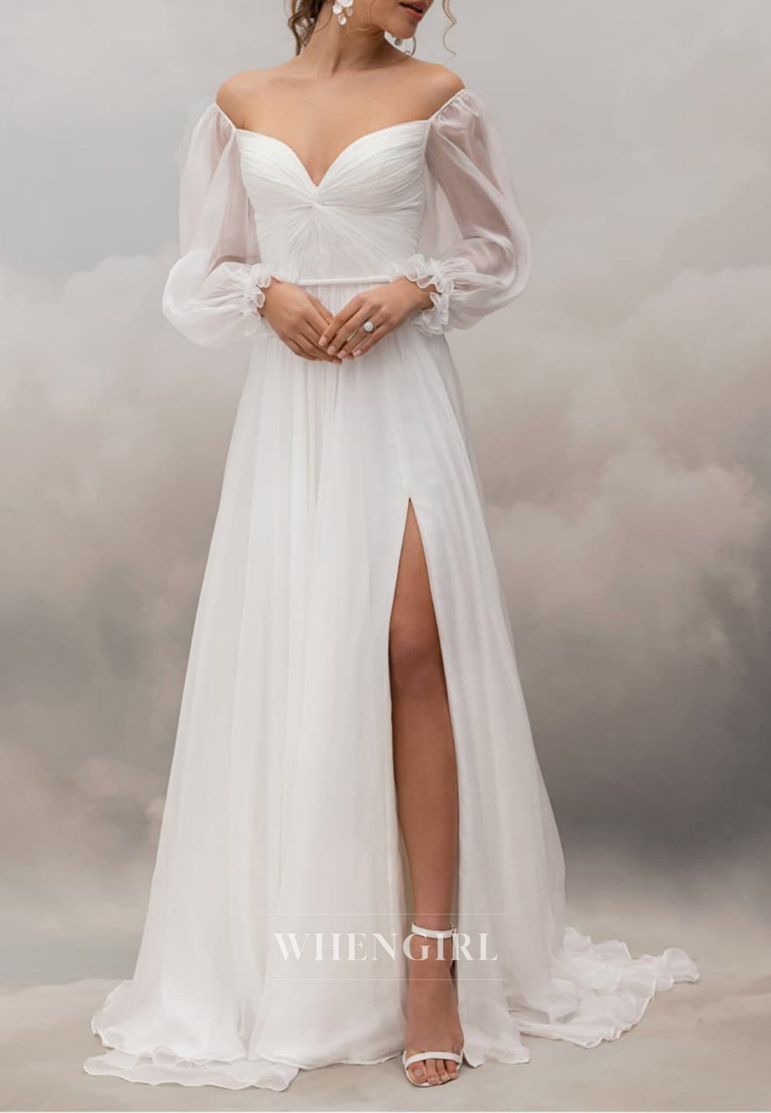 A-Line 3/4 Sleeves Sweetheart Pleated Side Slit Back Zipper Chiffon Wedding Dress