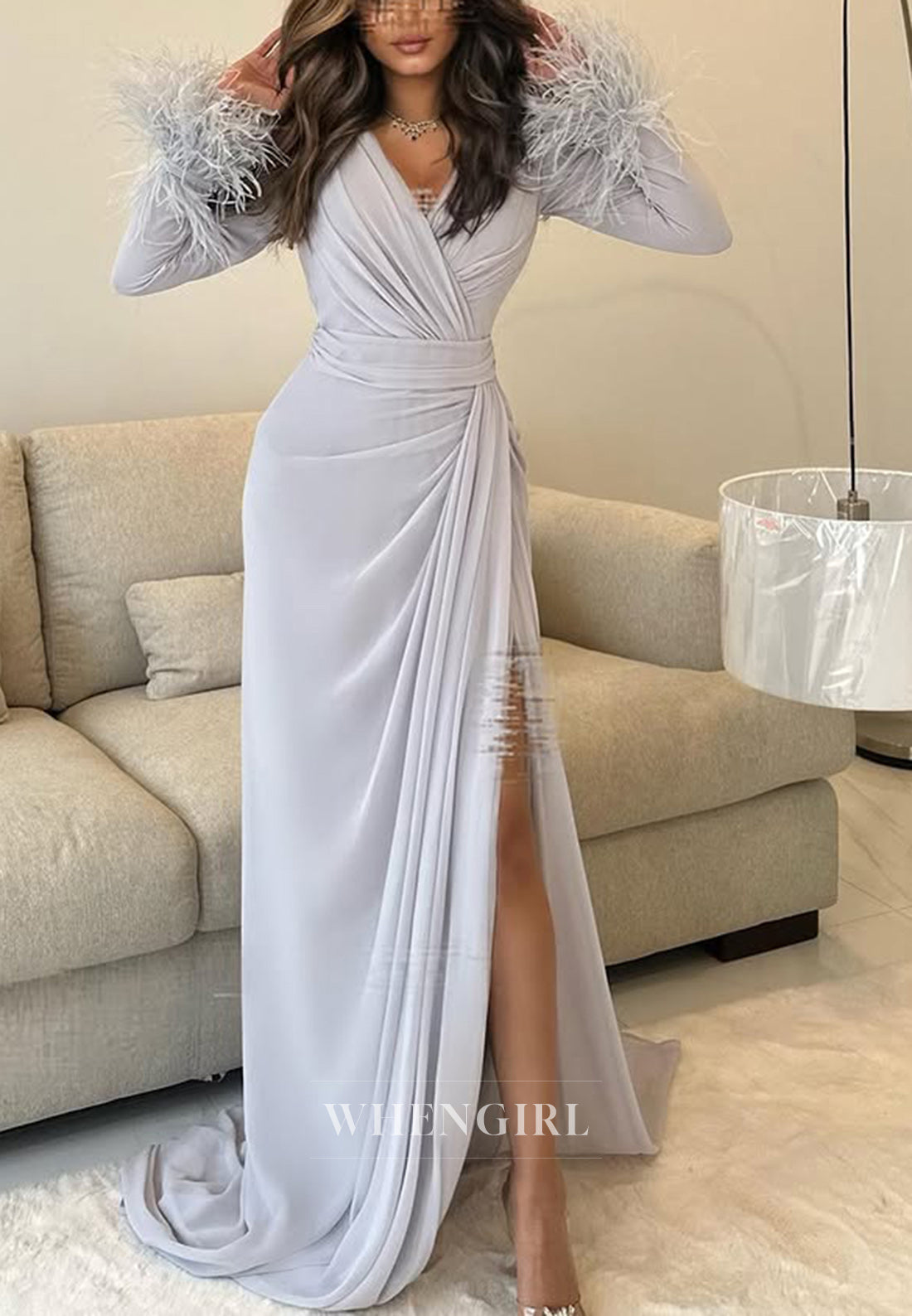 Column V neck Feathers Long Sleeves Formal Evening Dress with Slit