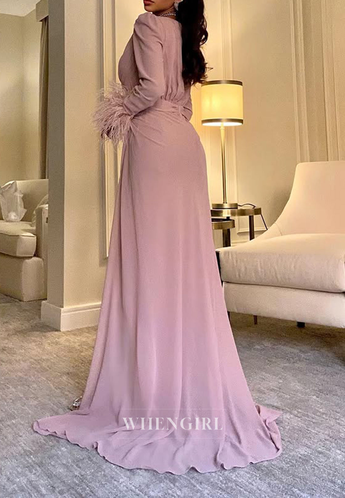 Column V neck Feathers Long Sleeves Formal Evening Dress with Slit