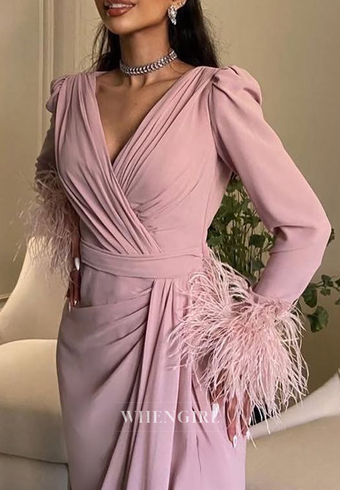 Column V neck Feathers Long Sleeves Formal Evening Dress with Slit