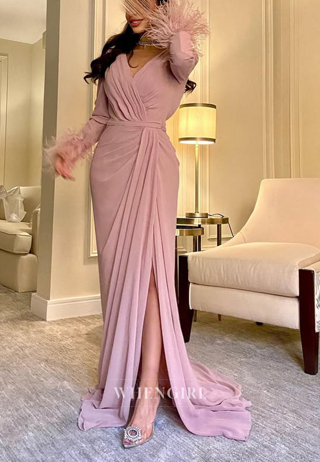 Column V neck Feathers Long Sleeves Formal Evening Dress with Slit