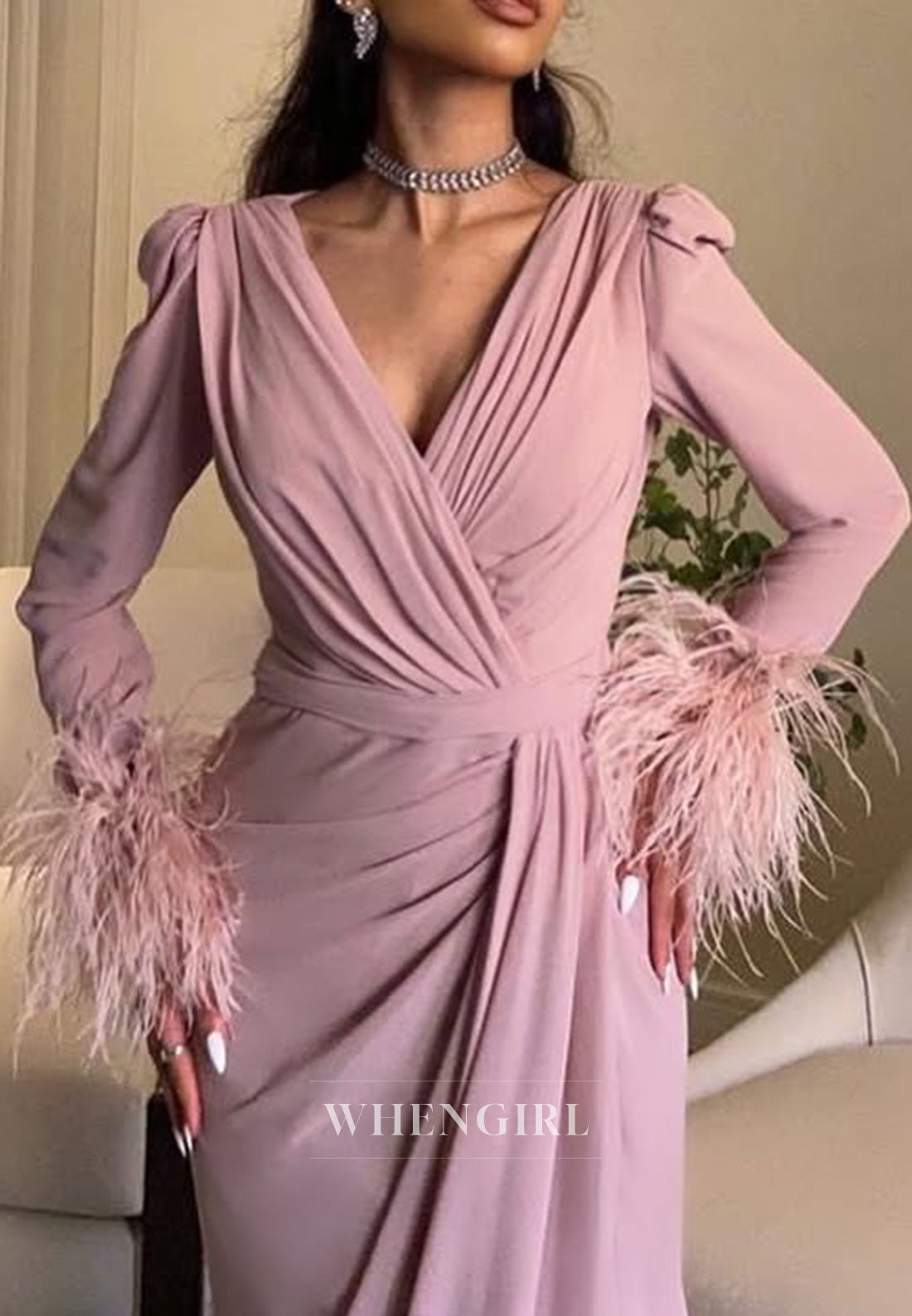Column V neck Feathers Long Sleeves Formal Evening Dress with Slit