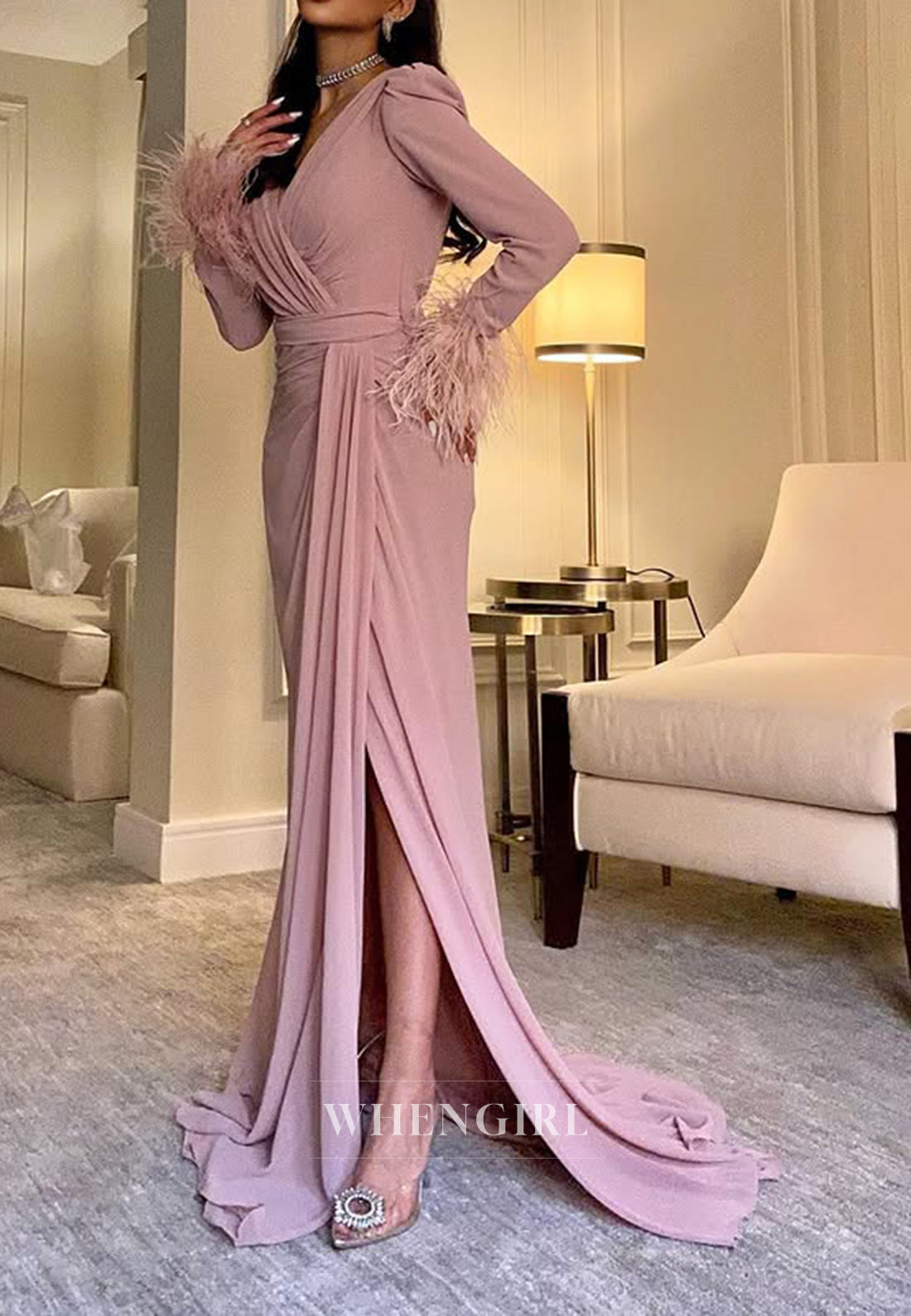 Column V neck Feathers Long Sleeves Formal Evening Dress with Slit