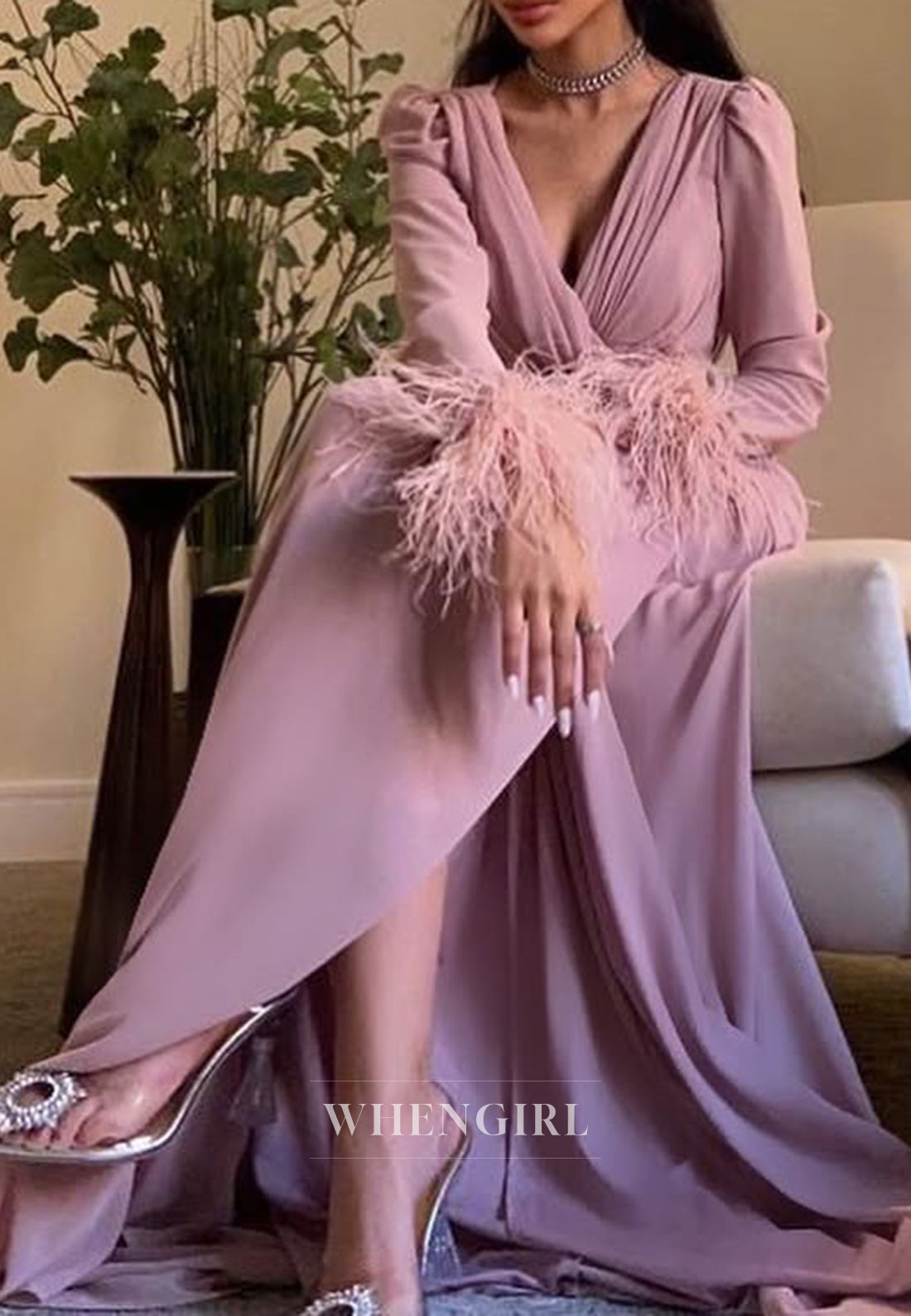 Column V neck Feathers Long Sleeves Formal Evening Dress with Slit