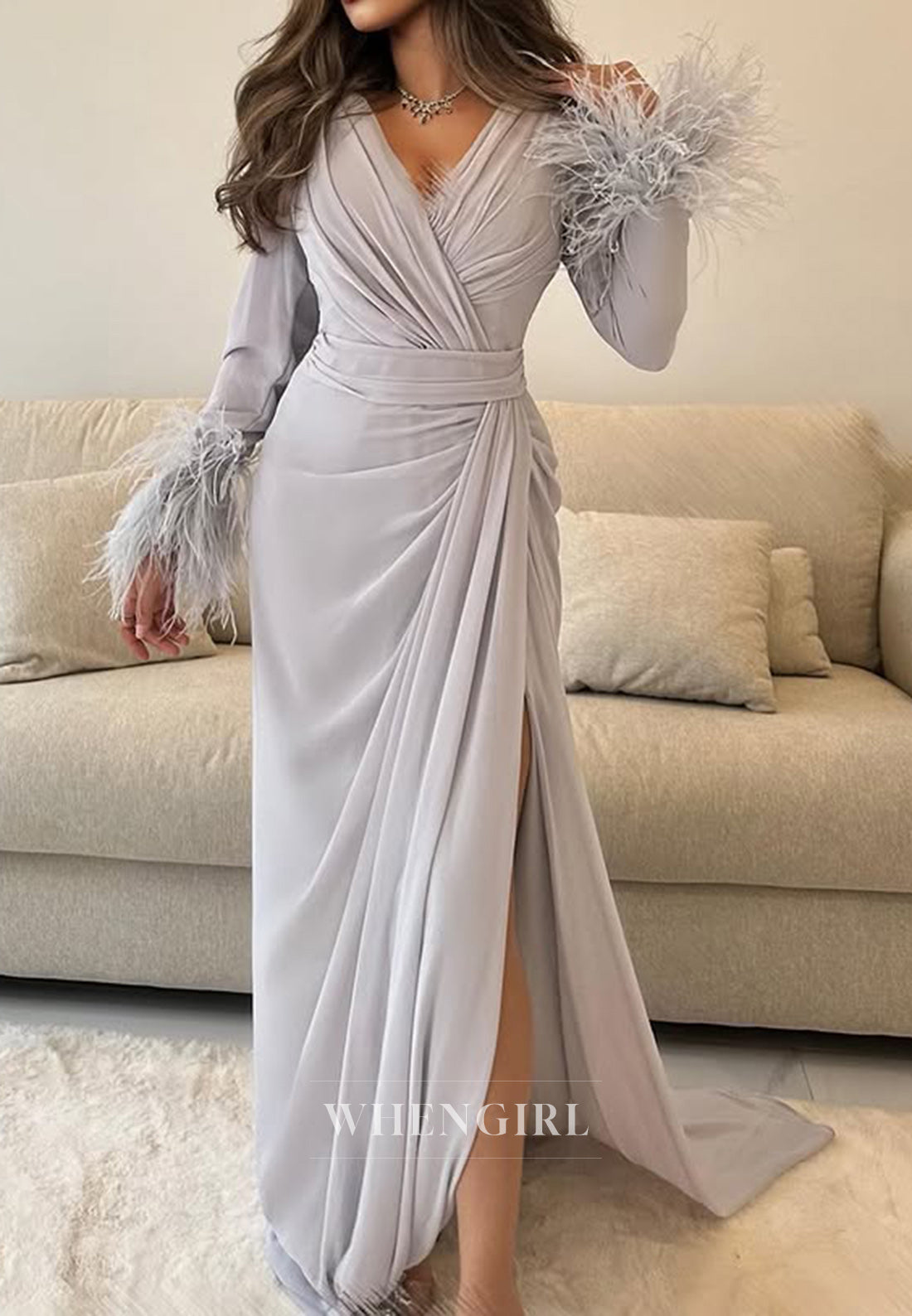Column V neck Feathers Long Sleeves Formal Evening Dress with Slit