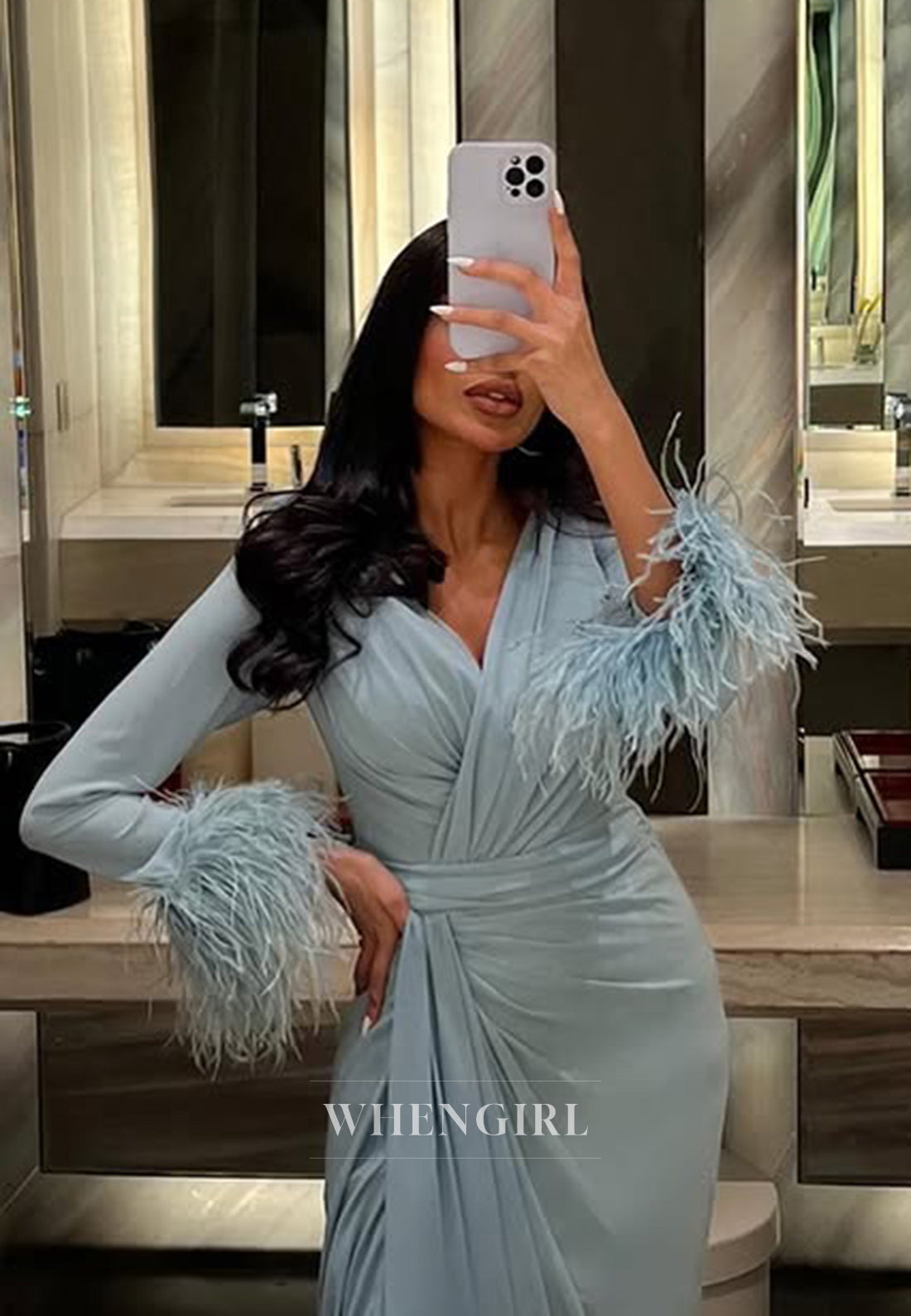 Column V neck Feathers Long Sleeves Formal Evening Dress with Slit