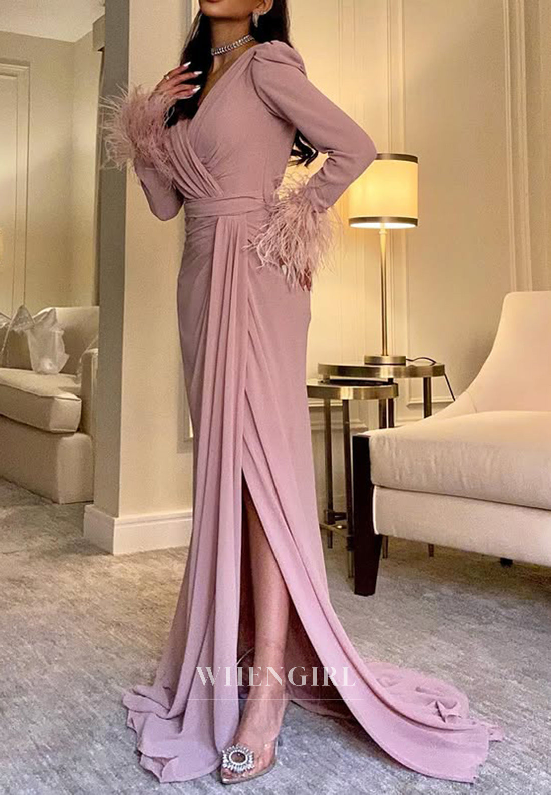 Column V neck Feathers Long Sleeves Formal Evening Dress with Slit