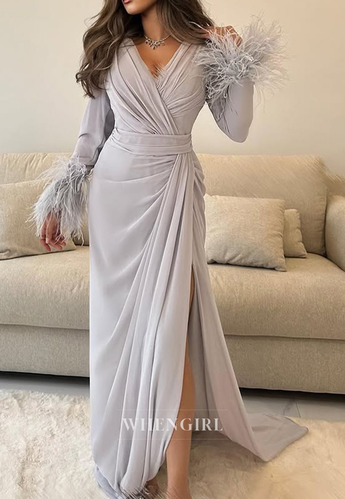 Column V neck Feathers Long Sleeves Formal Evening Dress with Slit