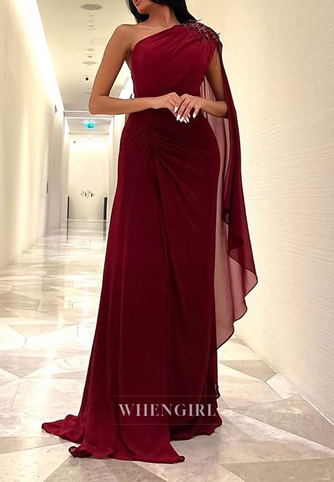 One Shoulder Red Chiffon Pleats Long Formal Evening Dress