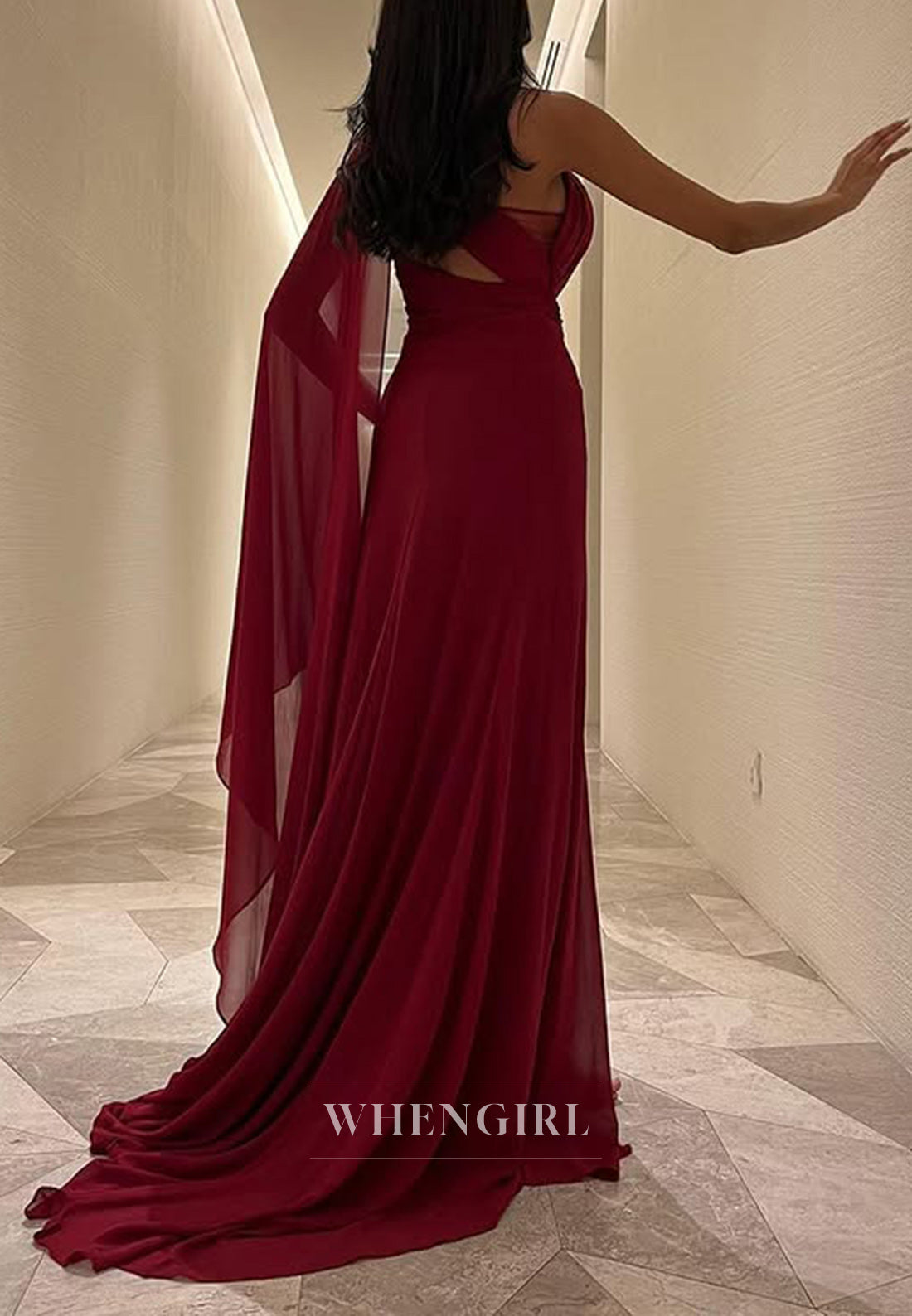 One Shoulder Red Chiffon Pleats Long Formal Evening Dress