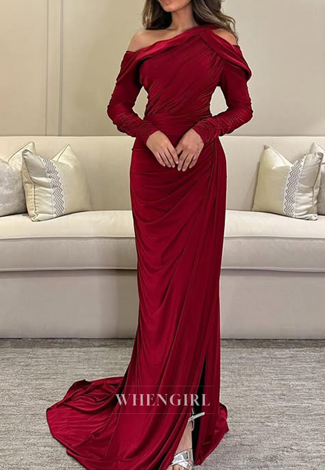 Asymmetrical Neck Ruched Long Sleeves Mermaid Formal Evening Dress with Slit