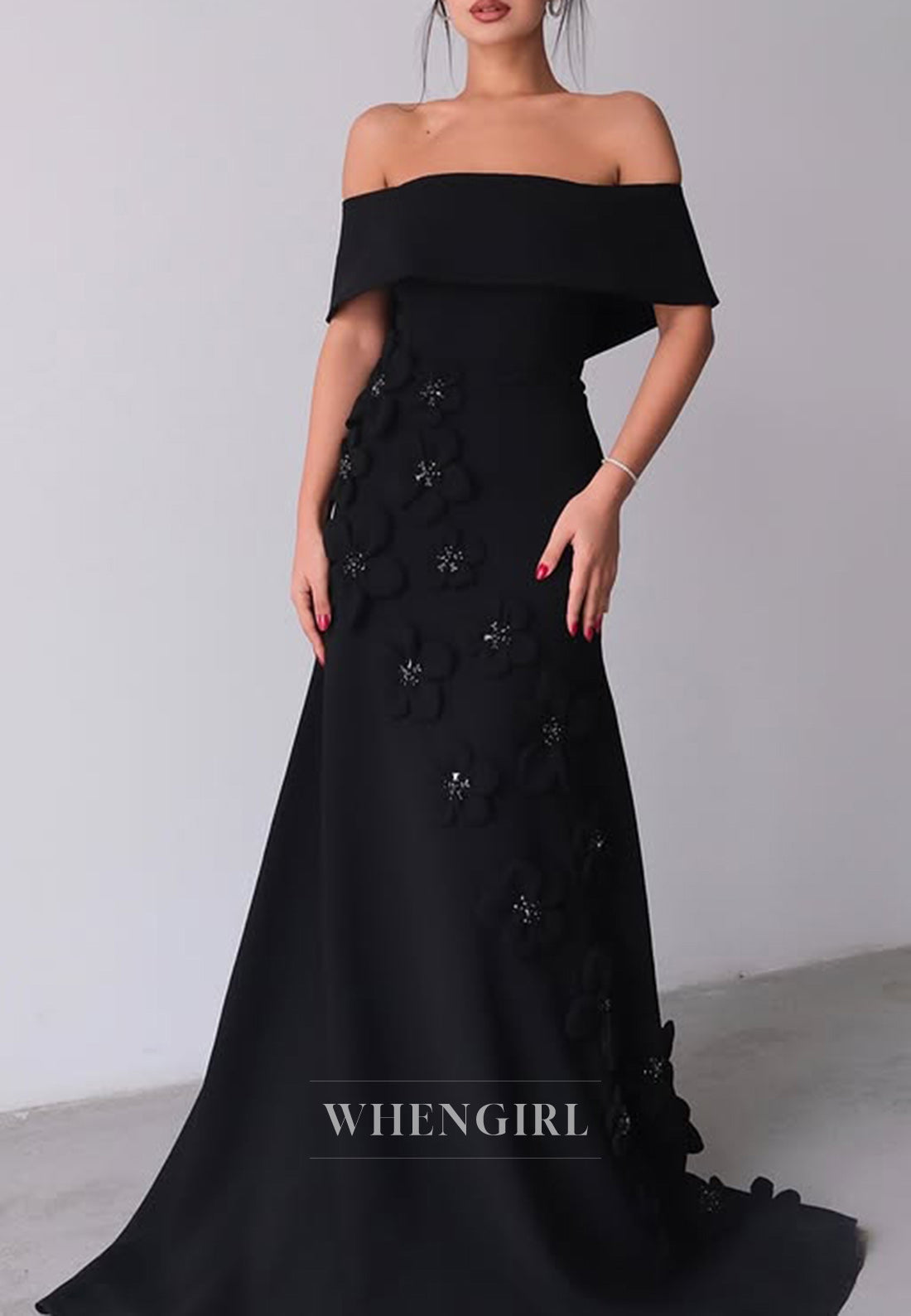 Chic Off Shoulder Flowers Sheath Long Formal Evening Dress with Train