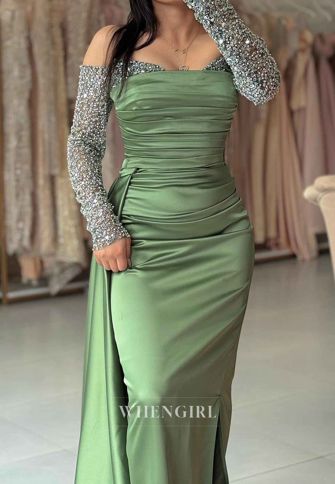 Beaded Sweetheart Sheath Prom Dress Long Sleeves Satin Party Gowns with Slit