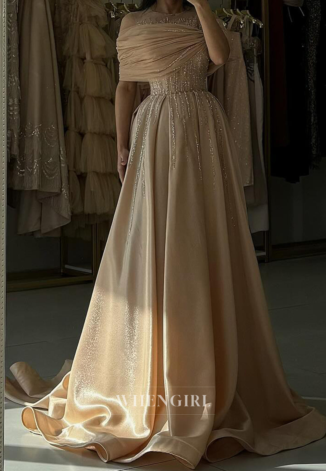Graceful Scoop Neck A-Line Beaded Satin Formal Gowns with Appliques Prom Dress