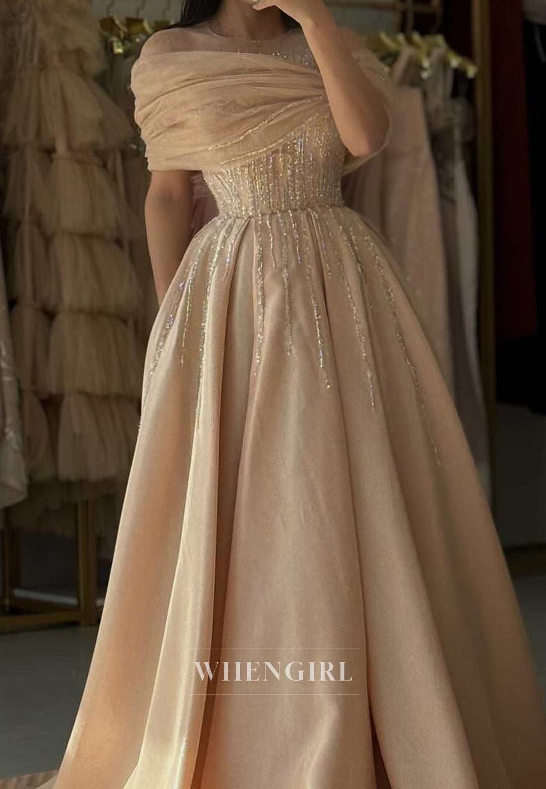 Graceful Scoop Neck A-Line Beaded Satin Formal Gowns with Appliques Prom Dress