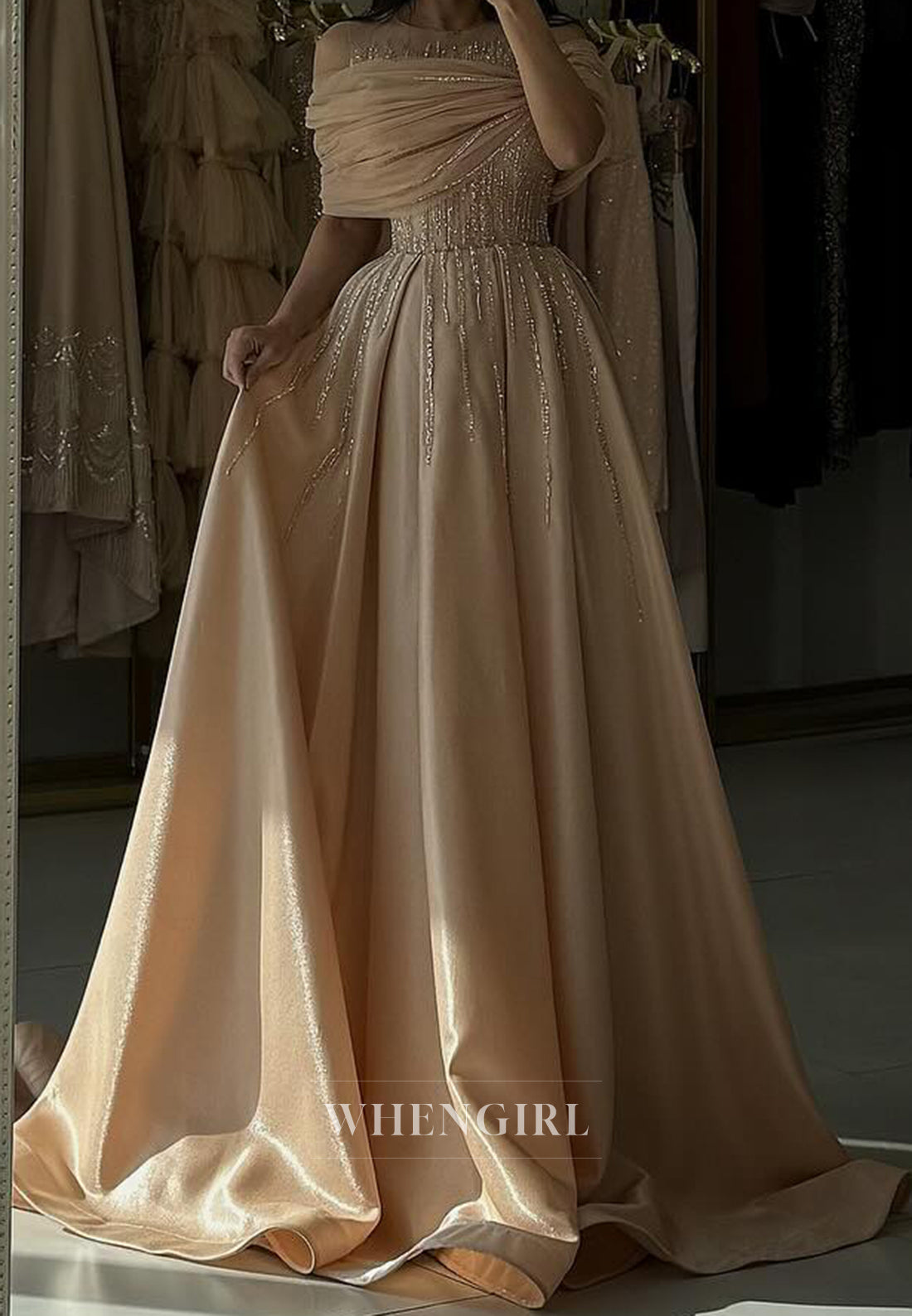 Graceful Scoop Neck A-Line Beaded Satin Formal Gowns with Appliques Prom Dress