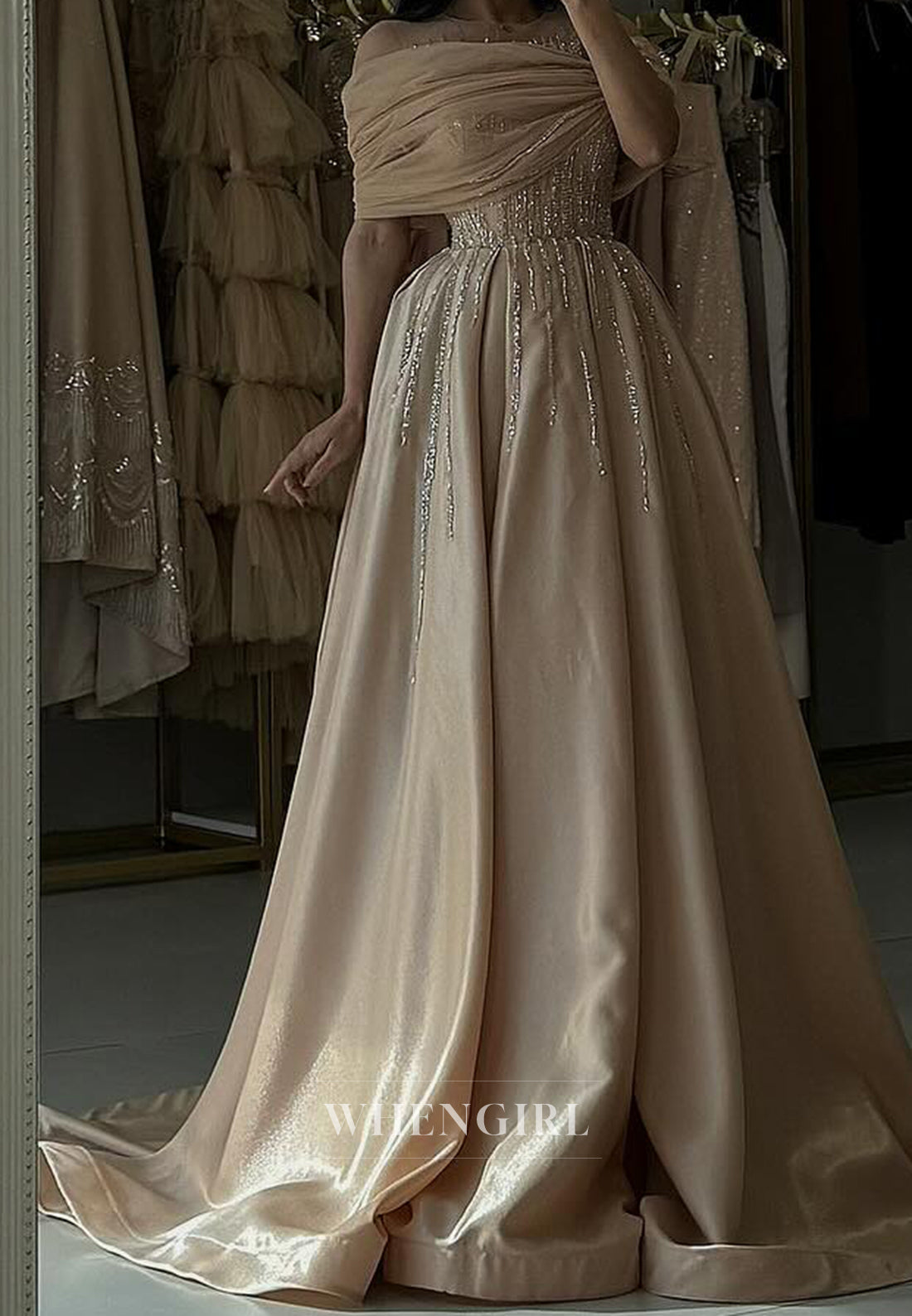Graceful Scoop Neck A-Line Beaded Satin Formal Gowns with Appliques Prom Dress