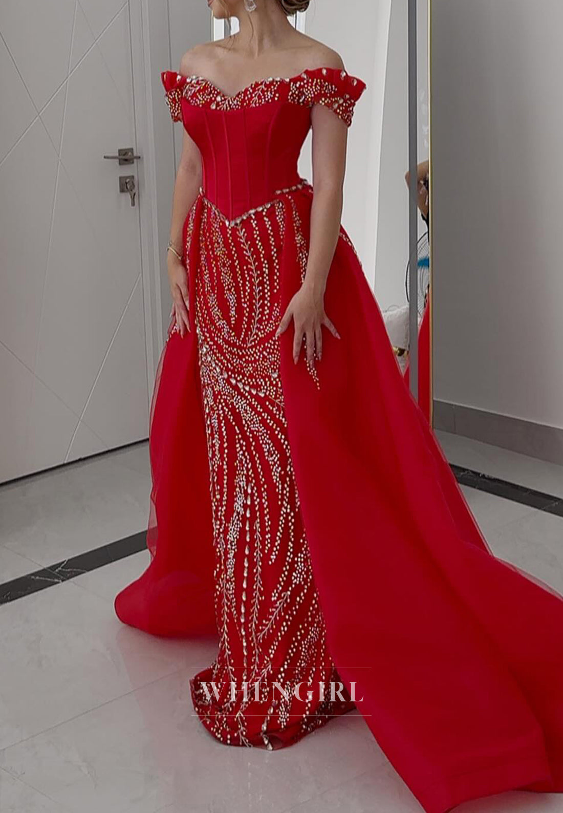 Red Off Shoulder Beaded Sheath Formal Dress Sleeveless Sweep Train Sweetheart Evening Dress