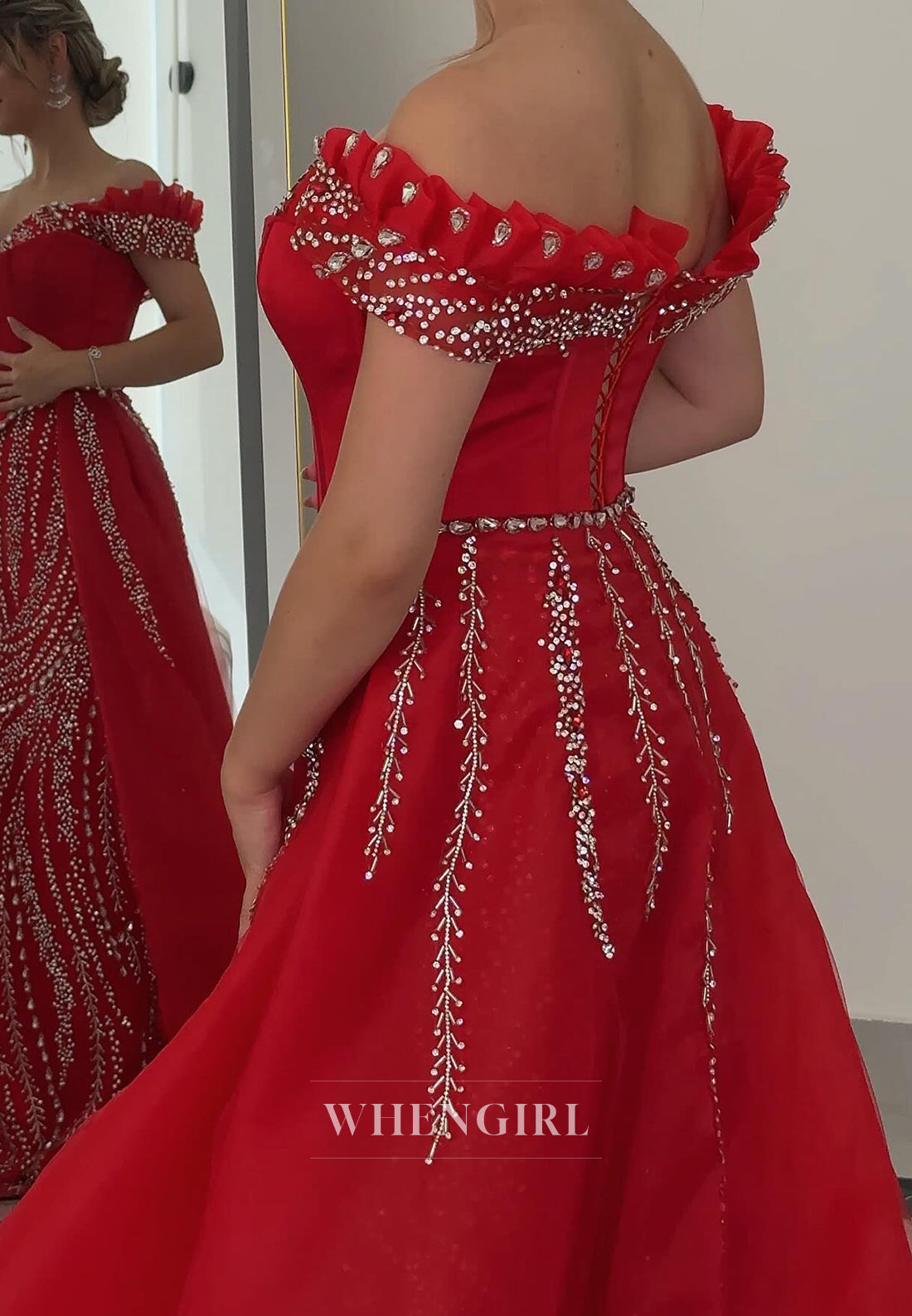 Red Off Shoulder Beaded Sheath Formal Dress Sleeveless Sweep Train Sweetheart Evening Dress