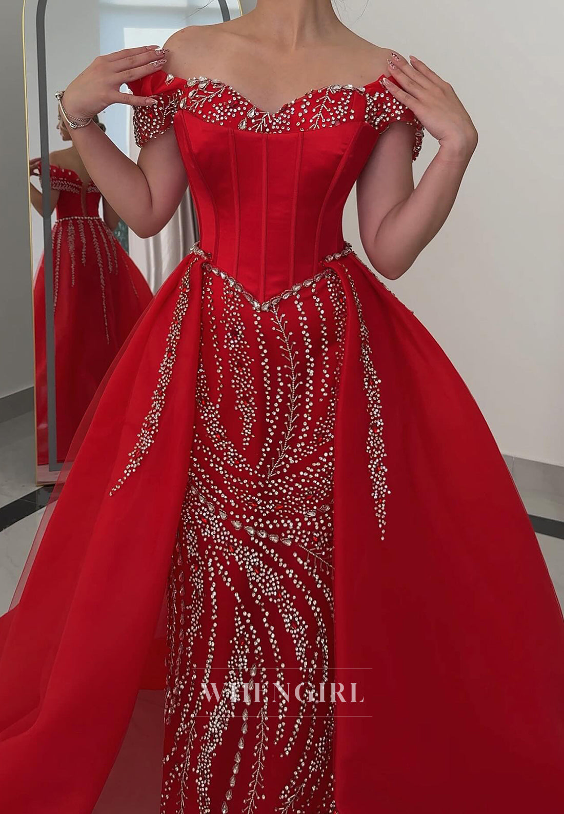 Red Off Shoulder Beaded Sheath Formal Dress Sleeveless Sweep Train Sweetheart Evening Dress