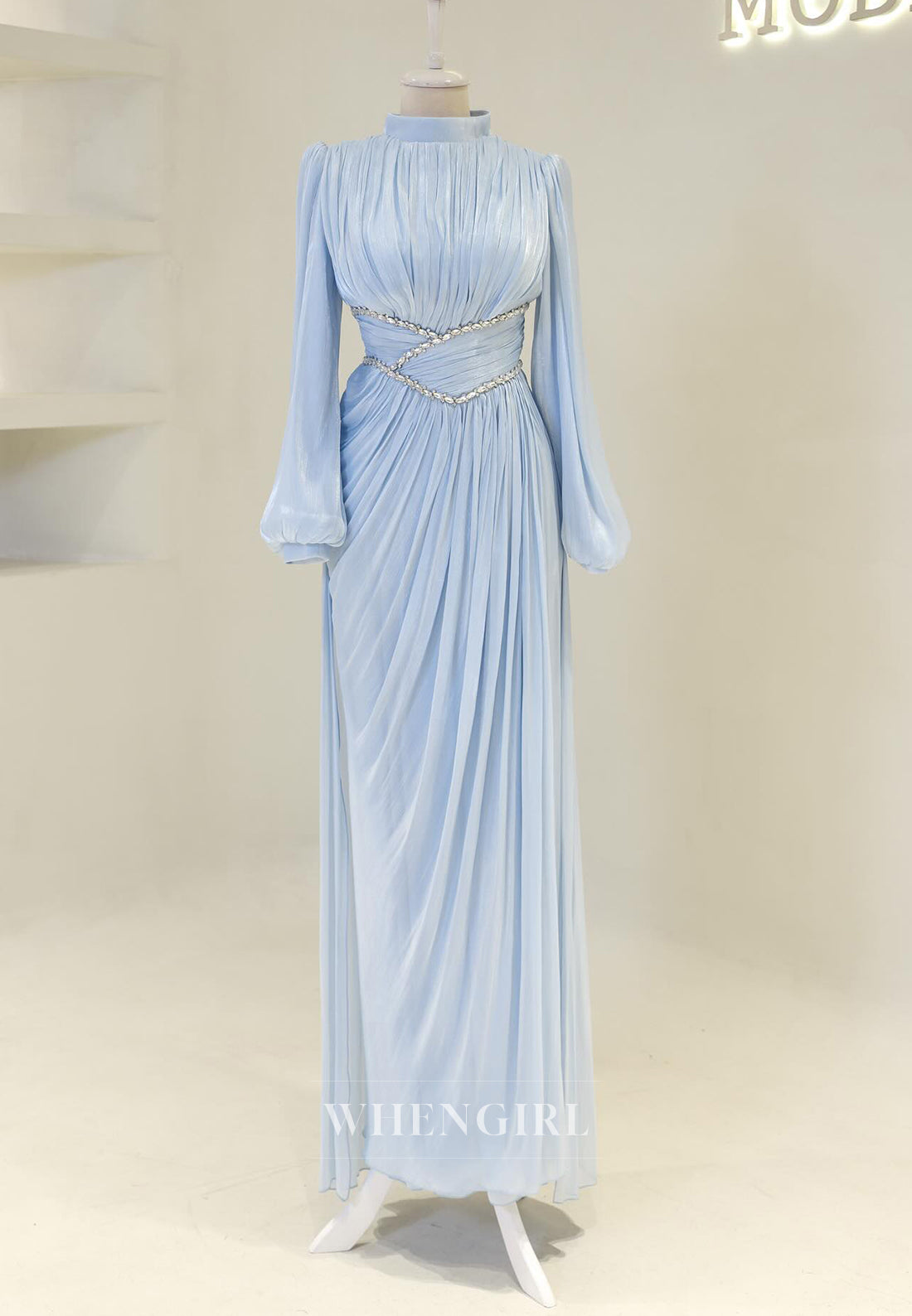 Long Sleeves Pleated Beaded A-Line Floor Length High Neck Sheath Formal Evening Gown