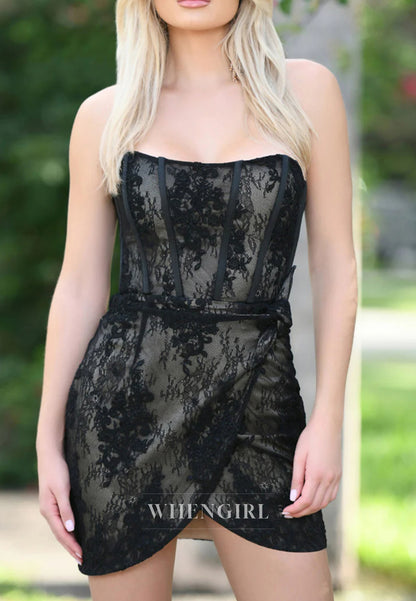 Black Tube Top Sleeveless Sheath Lace Short Homecoming Dress
