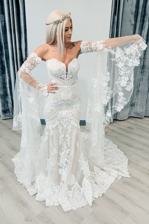 Bell Sleeves Lace Wedding Dresses Sweetheart Mermaid Bridal Gown