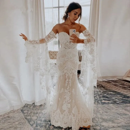 Bell Sleeves Lace Wedding Dresses Sweetheart Mermaid Bridal Gown