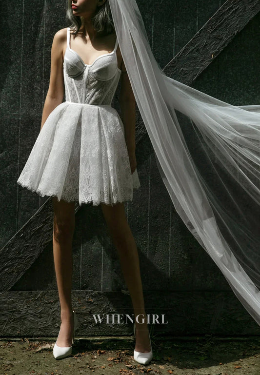 Ivory A-Line Sweetheart Lace Mini Wedding Dress with Satin Ribbon Corset and Lace Sleeves