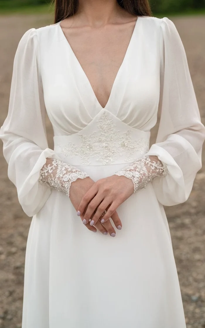 Ivory V Neck Long Sleeves Backless Boho Chiffon Wedding Dress