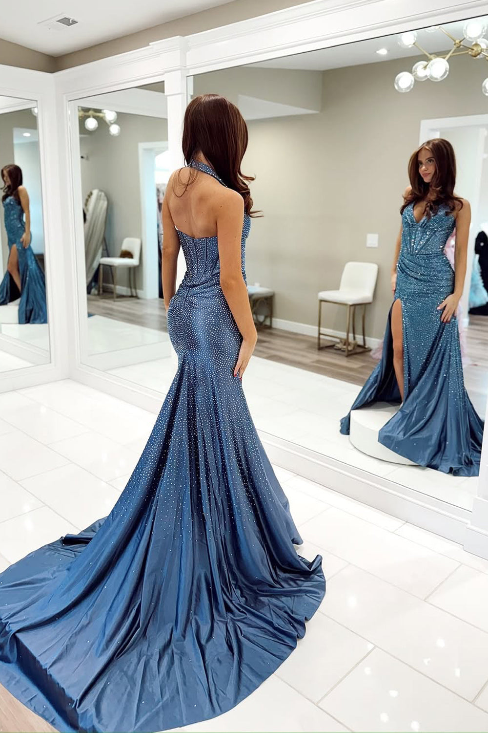 Mermaid Halter Navy Satin Beads Long Prom Dresses with Slit