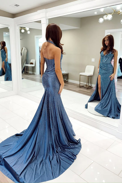 Mermaid Halter Navy Satin Beads Long Prom Dresses with Slit